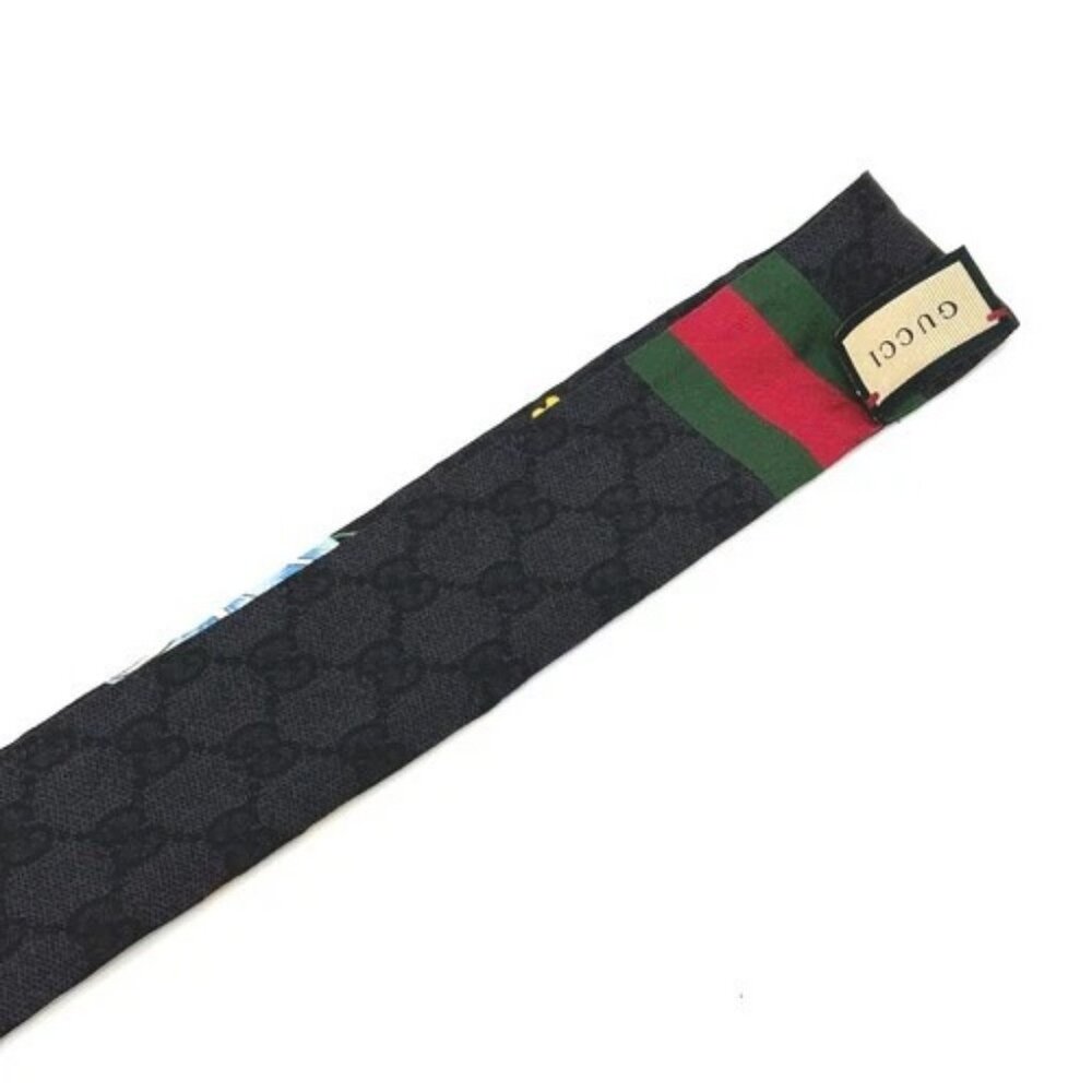 GUCCI 761704 GG Flora print Neck bow Scarf silk Black - Picture 7 of 10
